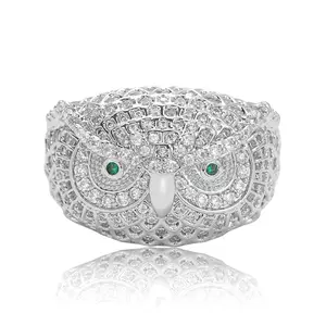 New Hip Hop Brass Luxury Iced Out Cubic Zircon Emerald Owl Animal Ring with for Men Bling Fashion Ring Jewelry