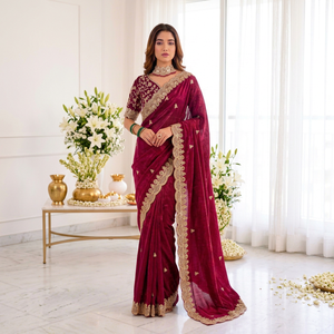 Sari en velours bordeaux AARA Fashion avec broderie dorée, protection solaire, toutes saisons, pour mariage, femmes, traditionnel indien, longueur au sol - Product Image 1