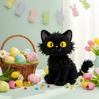 Peluche chat noir bouclé doux et adorable avec yeux jaunes, rembourrée en polyester et coton PP, brodée pour soulager l'anxiété