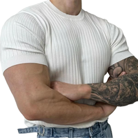 T-shirt côtelé à col rond pour homme, coupe ajustée, respirant, manches courtes, décontracté, extensible, été, haut de gamme, personnalisable avec logo