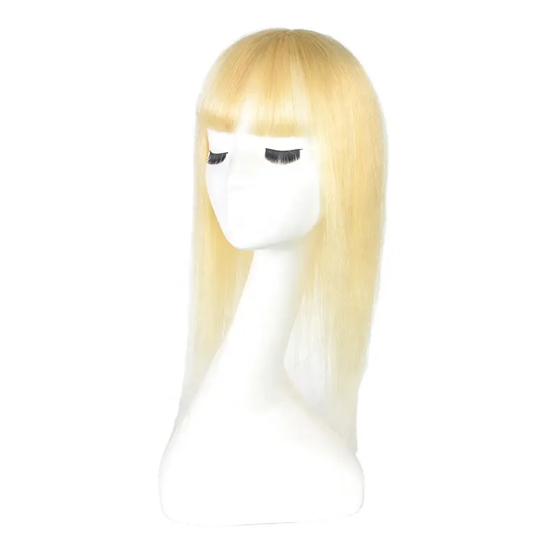 Crystal Bride Long Silk Base Blonde Toupee 100% Human Hair Pieces Topper Low Density Fringe Clip In with Bangs for Wedding Women