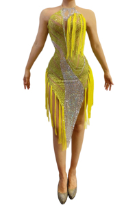 Vestido <span class=keywords><strong>de</strong></span> Fiesta Novance Y2017 para Mujer, Amarillo, con Flecos, Pedrería, Estilo Latino, Transparente, para <span class=keywords><strong>Baile</strong></span> <span class=keywords><strong>de</strong></span> Cumpleaños - Product Image 6