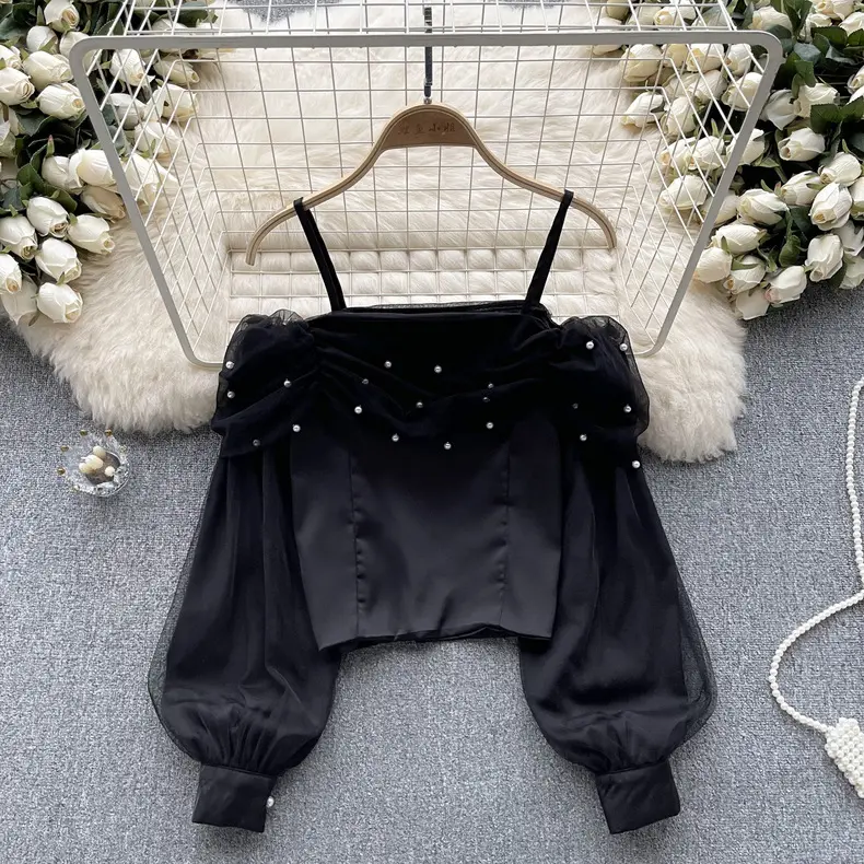 Light Luxury Socialite One Word Collar Strappy Shirt 2023 Sweet Beading Y2k Ladies Blouse Mesh Puff Sleeve Tops For Girls