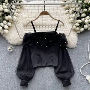 Ánh Sáng Sang Trọng Xã Hội Một Từ Cổ Áo Strappy Áo Sơ Mi 2023 Ngọt Ngào Beading Y2K Phụ Nữ Áo Lưới Puff Tay Áo Tops Cho Cô Gái