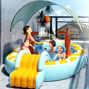 Piscina Gonfiabile in PVC per Giardino Familiare, per Bambini e Adulti, Portatile e Leggera, <span class=keywords><strong>con</strong></span> Mini <span class=keywords><strong>Scivolo</strong></span> e Tettoia per Giochi d'Acqua all'Aperto - Product Image 1