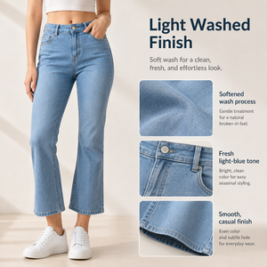 Jeans a Vita Alta Elasticizzati a Zampa d'Elefante, Lunghezza alla Caviglia, in Denim Stonewashed di Cotone, Stile Casual Vintage per Donna - Product Image 3