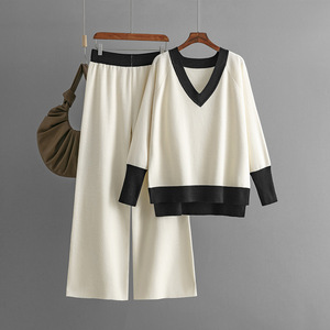 <span class=keywords><strong>Ensemble</strong></span> 2 pièces <span class=keywords><strong>d</strong></span>écontracté Blubelle en tricot patchwork color-block, nouveau pour l'<span class=keywords><strong>hiver</strong></span> 2025, pull à col en V pour <span class=keywords><strong>femme</strong></span> + pantalon large long - Product Image 4
