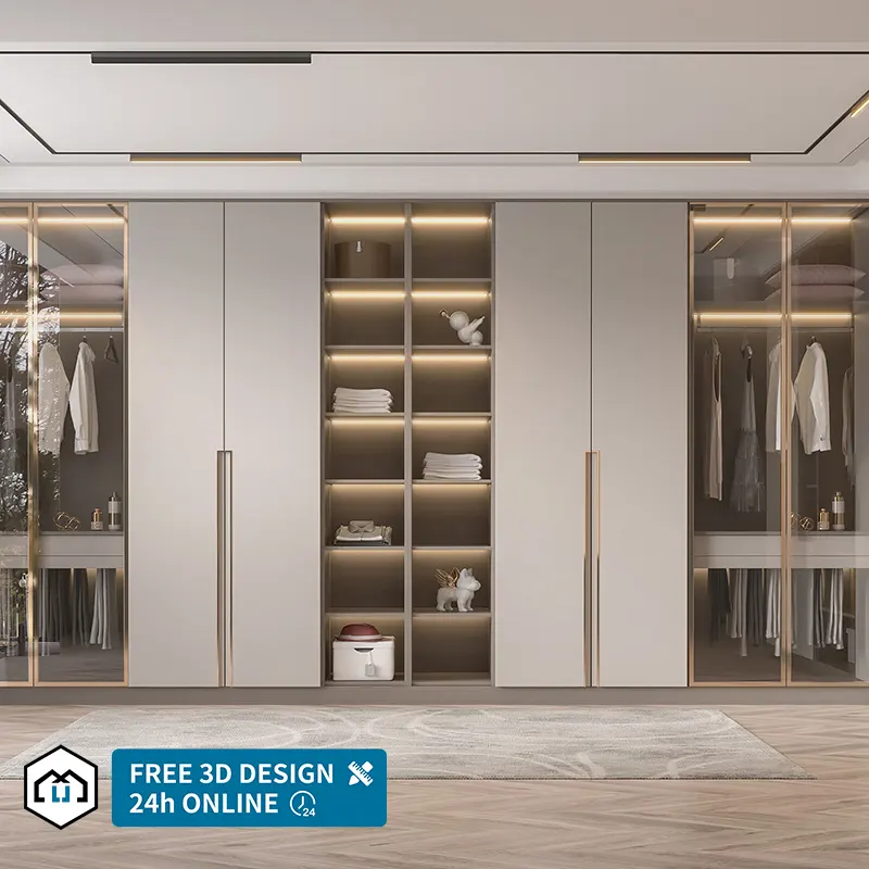 Thiết kế phòng ngủ hiện đại mở tủ quần áo tùy chỉnh đi bộ trong tủ quần áo với ánh sáng LED