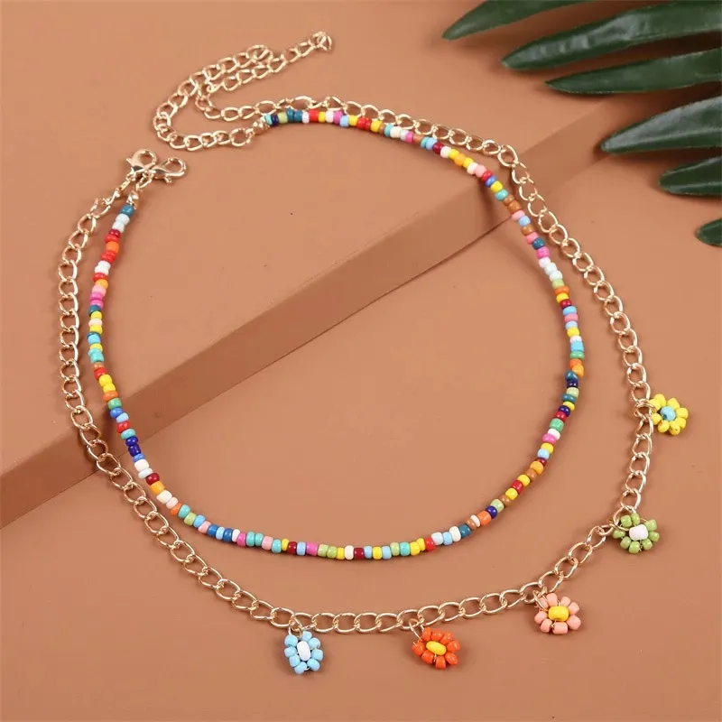 2 Pcs/Set Bohemian Multicolor Beaded Necklaces For Women Boho Gold Color Metal Chain Handmade Beads Flower Necklace Jewelry