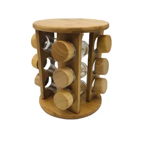 Cl019 rack de tempero de bambu circular, com 3 camadas, base rotativa, tampa de madeira, garrafa de tempero, rack de bambu para cozinha, restaurante, tempero