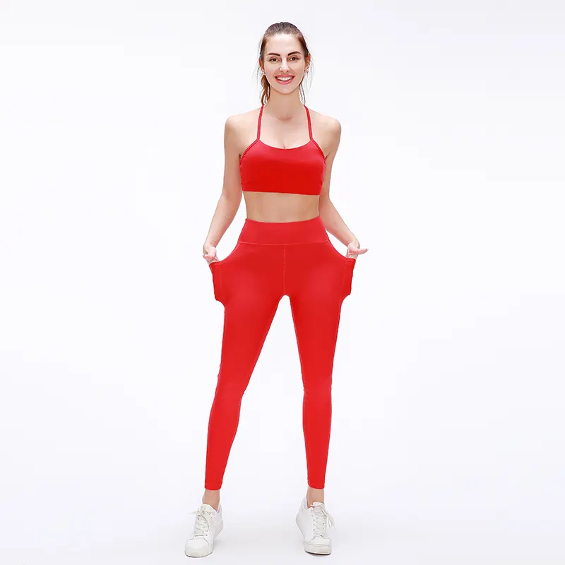 Cintura alta Em Execução de Compressão Conjunto Yoga Workout Fitness Wear Sexy As Meninas Das Mulheres Vermelho Com Bolsos