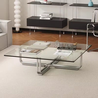 Table basse carrée moderne en verre avec base en acier inoxydable, table de salon, table à thé pour la décoration de la maison et de l'hôtel
