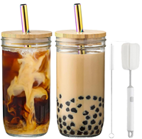 Gobelets en verre avec couvercles en bambou et pailles réutilisables, hermétiques, transparents, design moderne, compatibles lave-vaisselle, pour adultes, cadeau de Noël pour le bureau