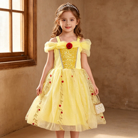 Robe de princesse jaune en maille pour filles, robe de danse à fleurs, bretelles spaghetti, robe de ballerine dorée pour anniversaire, fête, mariage, vacances