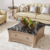 Table basse carrée de style antique de luxe sur mesure avec plateau en marbre naturel, meubles de salon de style américain/français