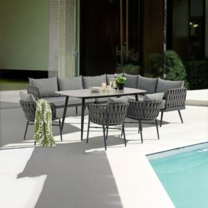 Ensemble <span class=keywords><strong>de</strong></span> salle à manger d'extérieur moderne et durable Elila avec canapé d'angle confortable, structure en aluminium et plateau <span class=keywords><strong>de</strong></span> table en pierre frittée, résistant aux intempéries pour <span class=keywords><strong>salon</strong></span> - Product Image 1