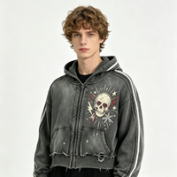 Sweat à capuche zippé gris délavé effet vieilli, style streetwear vintage, avec motif tête de mort, pour homme et unisexe, vente en gros
