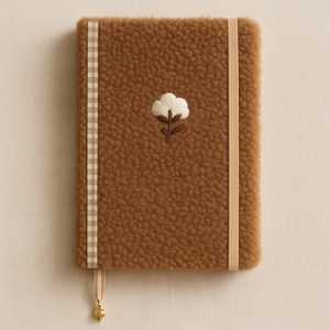 Labon nâu sang trọng bông thêu máy tính xách tay mềm boucle lông cừu Tạp Chí với gingham Ribbon và acorn quyến rũ Bookmark - Product Image 1