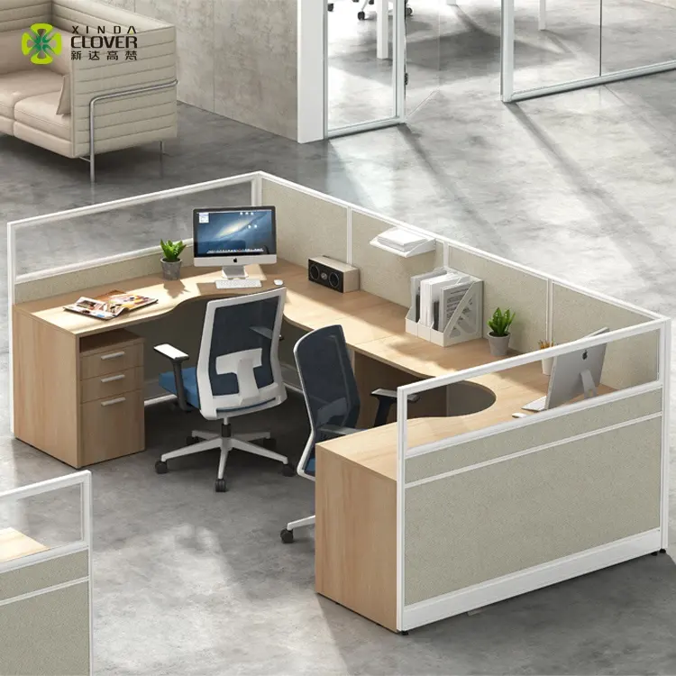 Mesa de escritório de madeira moderna forma l, 2 pessoas escritório estação de trabalho escritório partição tecido