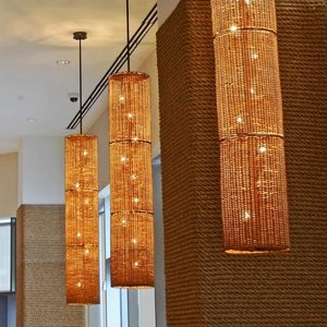 Lampes suspendues en rotin, forme cylindrique longue, base d'ampoule E27, lustre à six têtes pour la maison, éclairage de style Zen - Product Image 3