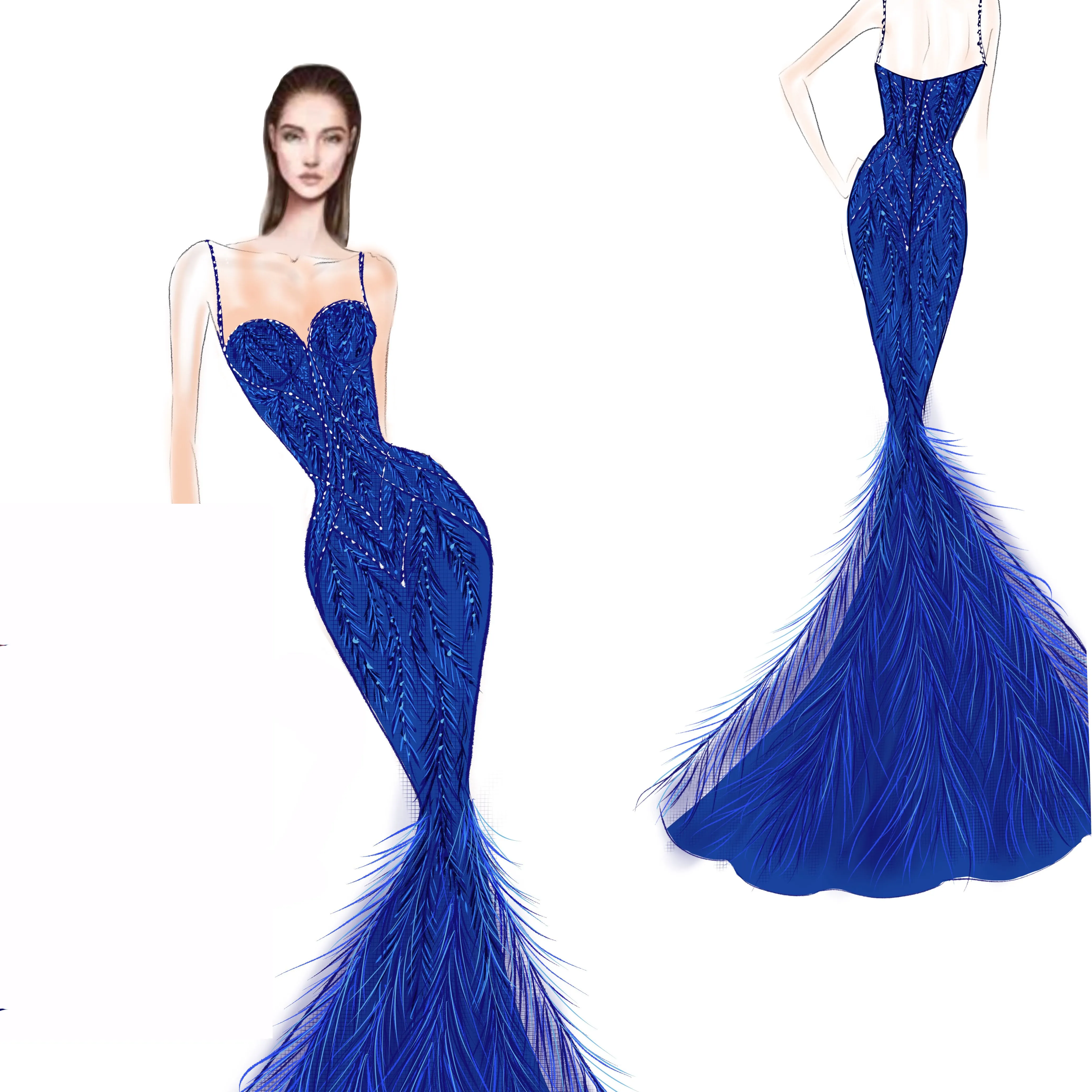 Royal blue sweetheart sleeveless sequin embroidery pattern see through feather mermaid fitted skirt zipper up back prom dresses