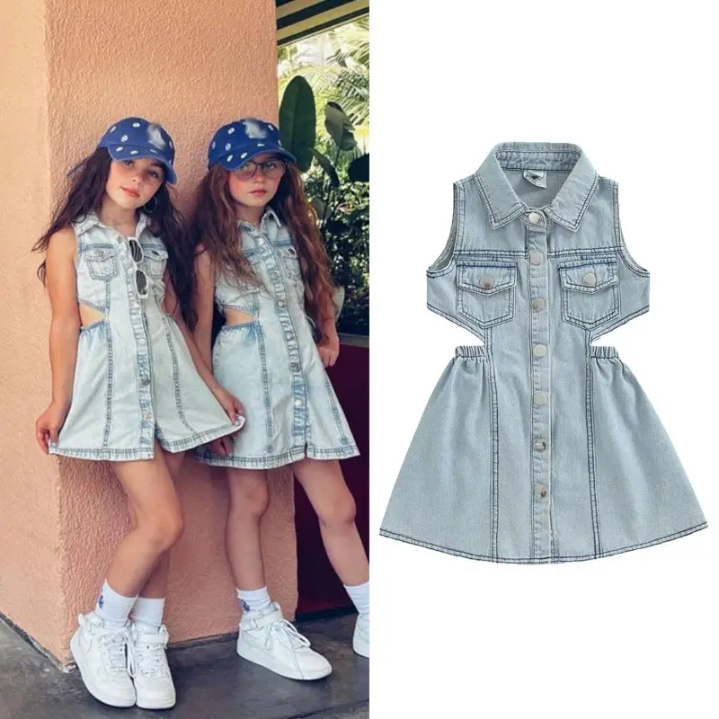 Moda Crianças Meninas Denim Casual Dress Crianças Boutique Vestuário Meninas Sem Mangas Vestido De Verão A-line 2022 OEM Service