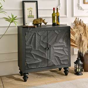 INNOVA Home Accent Style Farmhouse Living Room Unique <b>Black</b> Carved Wood Panel Antique Storage <b>Cabinet</b> 2 Doors Home Bar Apartment - Product Image 3