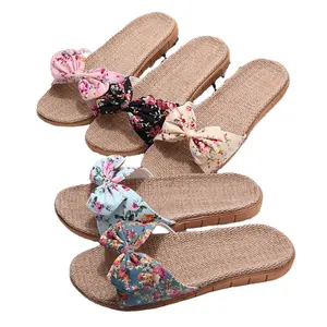 Japan indoor & outdoor Rubber comfortable flat women bow slipper, bamboo sandal flax linen Floor Slip On jute slippers