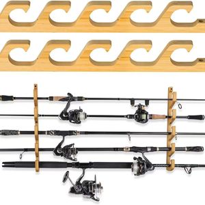 Wooden Fishing <b>Rod</b> <b>Holder</b> Wall Mounted Multi Layer Storage Rack For <b>Rods</b> And Nets - Product Image 3