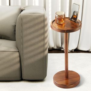 Pedestal Side <strong>Table</strong>, Acacia <strong>Drink</strong> <strong>Table</strong> with Weighted Base, <strong>Small</strong> Round Side <strong>Table</strong> for <strong>Small</strong> Spaces with Phone Holder - Product Image 5
