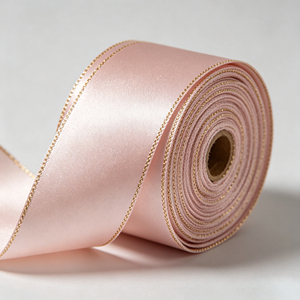 Cinta de Raso Rosa Ecológica de RPET con Borde Dorado, Cinta Impresa con Serigrafía Personalizada para Decoración de Ramos de Boda - Product Image 6