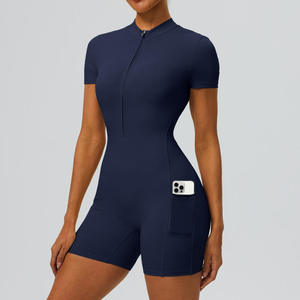 JY 2026 New Summer Yoga <strong>Jumpsuit</strong> <strong>for</strong> <strong>Women</strong> Half Zip <strong>Short</strong> Sleeve One Piece Workout Romper Side Pocket Stretchy Athletic Bodysuit - Product Image 4