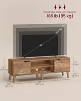 Console multimédia avec pieds en bois échancrés, portes encastrées, finition grain de bois clair
