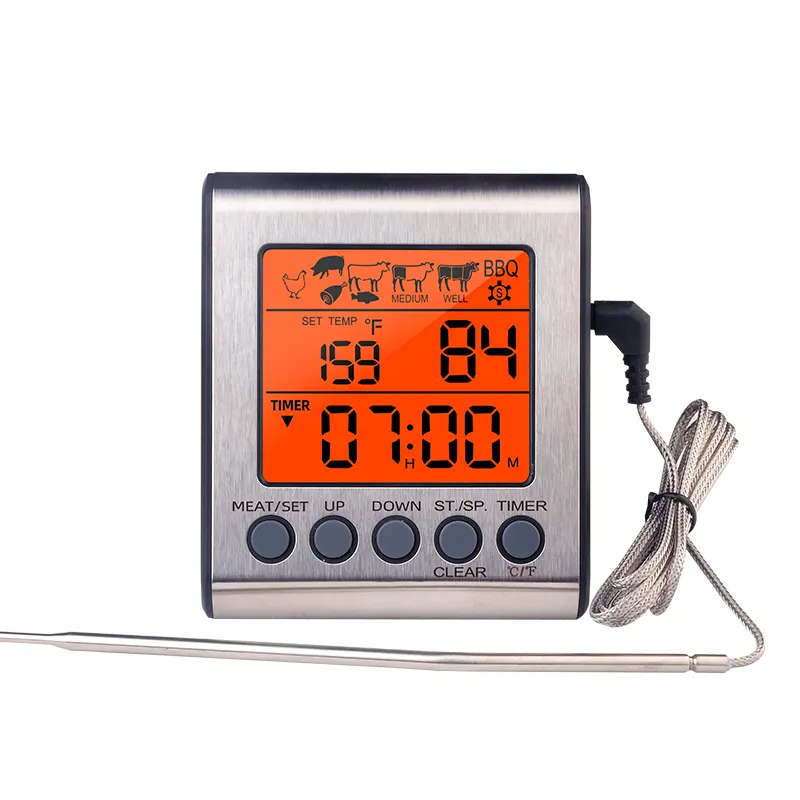 Grand écran LCD numérique cuisson aliments viande fumeur four cuisine barbecue gril thermomètre horloge minuterie avec sonde en acier inoxydable