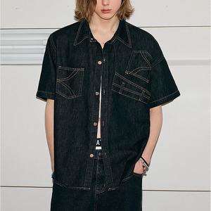 Pantalon inversé personnalisé avec chemise à manches courtes en jean dépareillé Chemise en jean noir Blouses pour femmes Chemises - Product Image 1