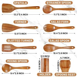 Ensemble de 7 ustensiles de cuisine en bois, ustensiles de cuisine en bois avec support, cuillères pour cuisiner, bois de teck et d'acacia naturel - Product Image 2