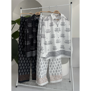 Conjunto de Lino con Estampado Étnico Sobe para Mujer, Manga Larga, Estilo Bohemio, Transpirable, Primavera Verano, Blanco - Product Image 3