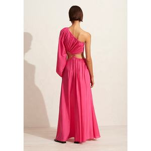 Robe longue asymétrique pour femmes avec des découpes à la taille audacieuses et une seule robe maxi rose en coton biologique à manches longues volumineuse - Product Image 4