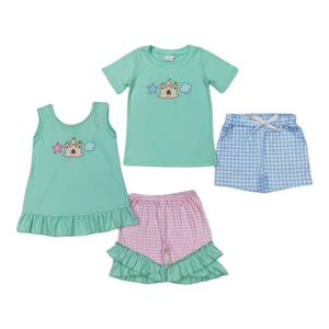 Ensemble assorti frères et sœurs : Robe à volants pour filles et short pour garçons, motif ballon à air chaud brodé, en gingham menthe - Product Image 6