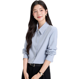 Women's Blue Long Sleeve Shirt With Tie Solid Color Polyester Office Wear For Professional Work Commute Interview Autumn 2025 - Product Image 5