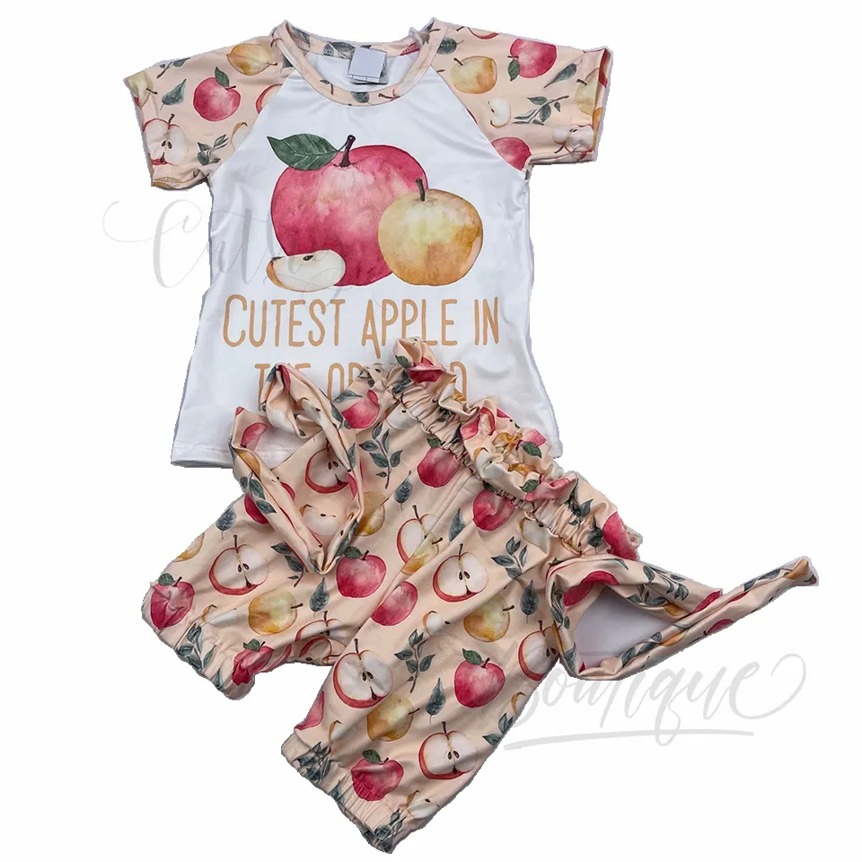 Qingli 2024 personalización Cutes Apple Tee camiseta bolsa de papel pantalones cortos dos piezas conjunto de ropa de niña