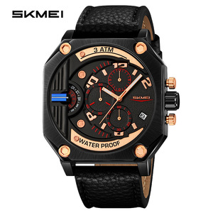 Skmei Men's Quartz Watch Large Dial Chronograph Water Resistant Sports Wristwatch Luminous Date Display Black Leather Band - Product Image 1