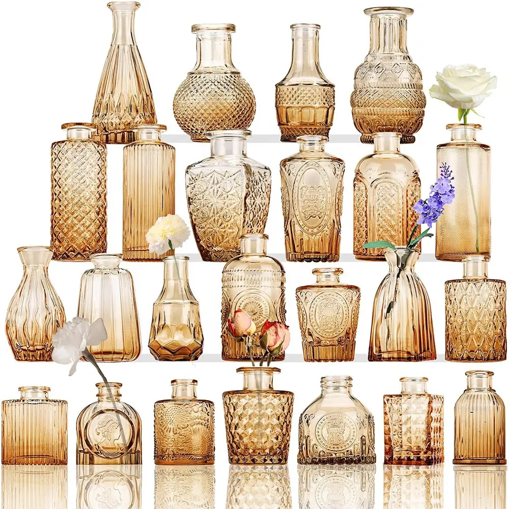 24pcs Small Amber Bulk Farbige gerippte Glas blumen knospen vase, Braun glas blumenvase für Hochzeits dekoration
