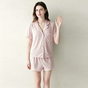 <b>Summer</b> Short Sleeve Custom Pink Modal <b>Pyjamas</b> Cotton Sleepwear Piping Women Bamboo Pajamas Set <b>for</b> Women - Product Image 2