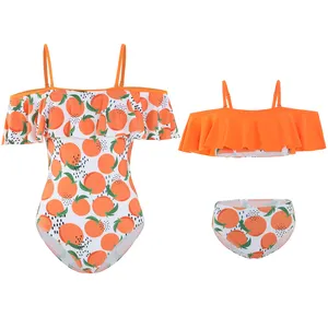 Teen Swimsuit Sweet Smile Printed Striped Bikini Mommy & me Monokini Family Matching Swimwear For Mother Daughter