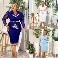S11013 Luxury Summer Dresses Women Casual Mesh Rhinestone Beaded Suit Collar Office Lady Career Dresses African Dress for Women