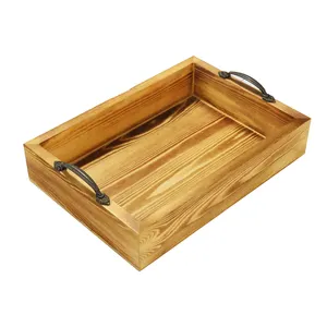 High Quality Wholesale Rustic Burnt Wood Rectangular Solid Wood Serving Tray Long Wooden Ottoman Tray With Metal Handles