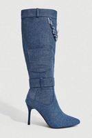 Bottes hautes en jean bleu pour femme, personnalisables, à bout pointu, talon aiguille, bord effiloché, bride de cheville, fermeture éclair latérale
