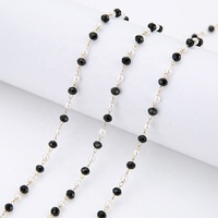 Chaîne en acier inoxydable avec petits maillons ronds blancs en forme de perle et perles de verre noires pour la fabrication de colliers et de bracelets