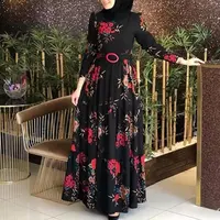Freizeit kleider Muslim Abaya Kleid Plus Size Mode Langarm Elegante Ethnische Blumen druck Gürtel Vintage Maxi Kaftan Robe